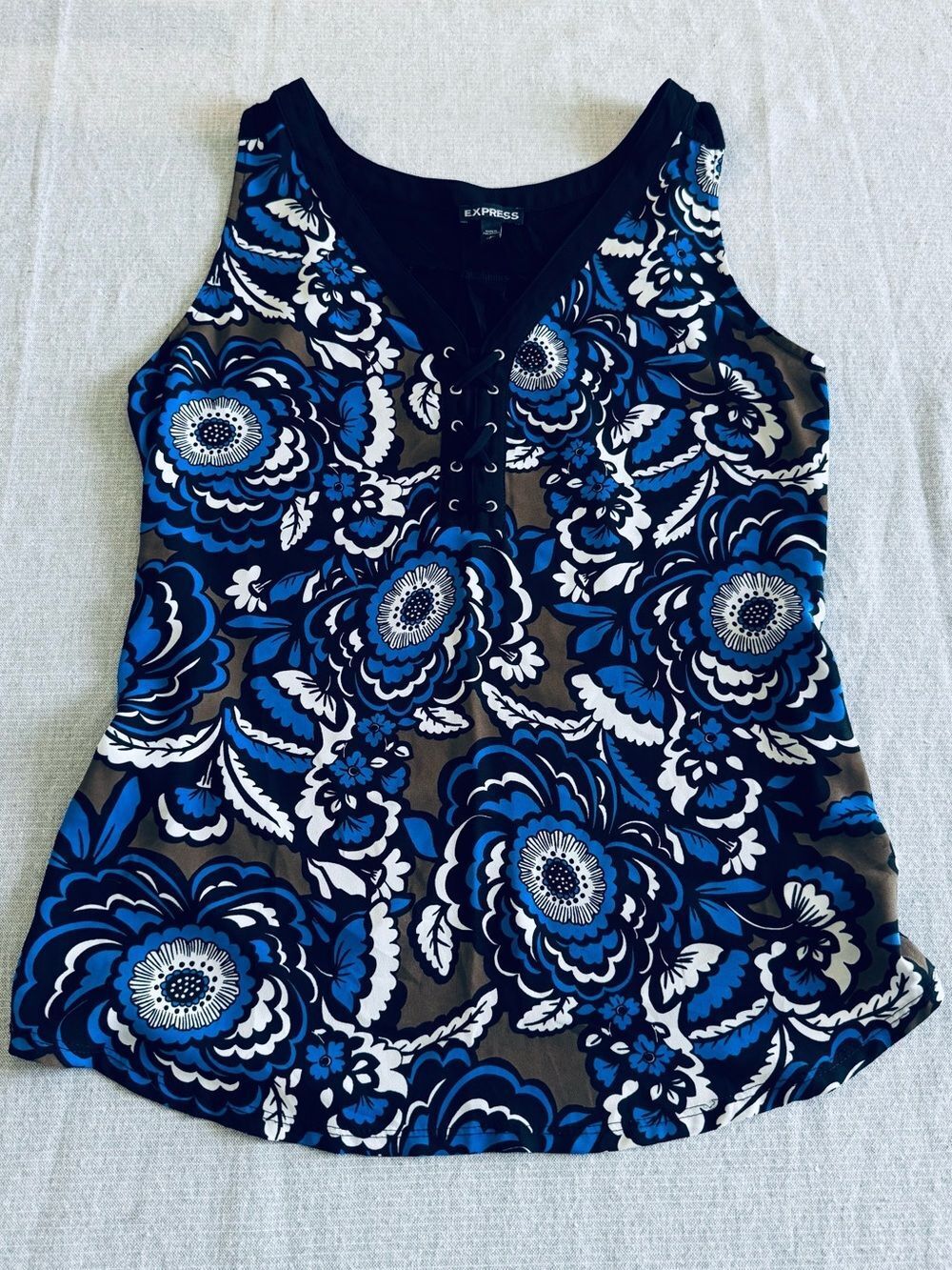 Express Blue Paisley Floral Print Sleeveless Lace Up Neck Top S